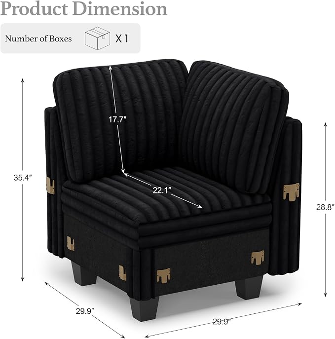 Belffin Corduroy Corner Seat for Modular Sofa Sectional Couches for Living Room Black Couch