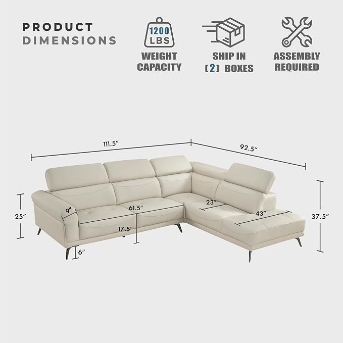 Lexicon L-Shaped Sectional Couch with Right Chaise, Top Grain Leather Match Sectional Sofa, Adjustable Headrests, Black Chrome Metal Legs, High-Density Cushions, Stitching, for Living Room, Beige