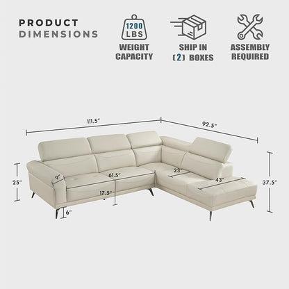 Lexicon L-Shaped Sectional Couch with Right Chaise, Top Grain Leather Match Sectional Sofa, Adjustable Headrests, Black Chrome Metal Legs, High-Density Cushions, Stitching, for Living Room, Beige