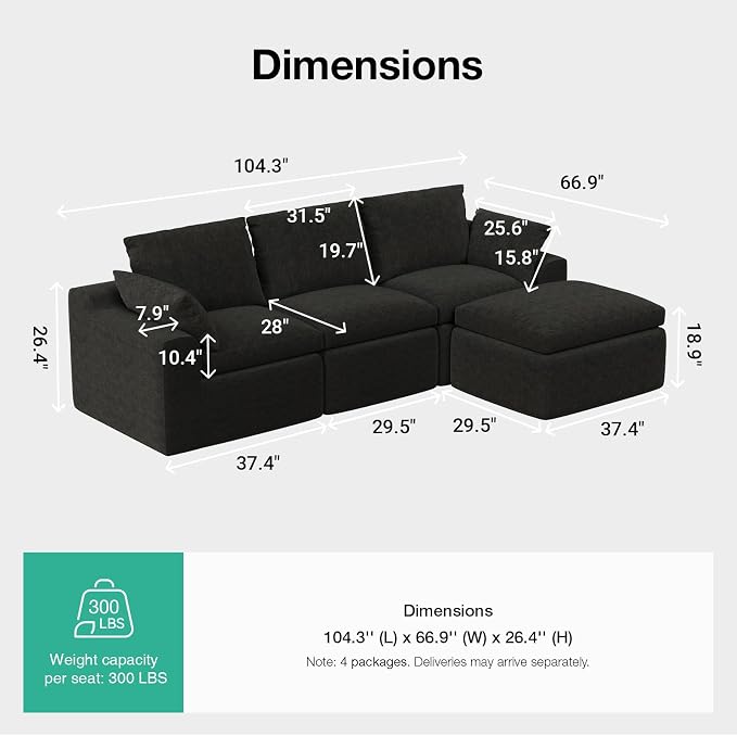 Novilla 104.3" Modular Cloud Couch, Modern Sectional Sofa with Smarts Coil® Support, Chenille Fabric, Upholstered Couch for Living Room Apartments Bedroom, No Assembly, 3 Seater + 1 Ottoman, Dark Grey