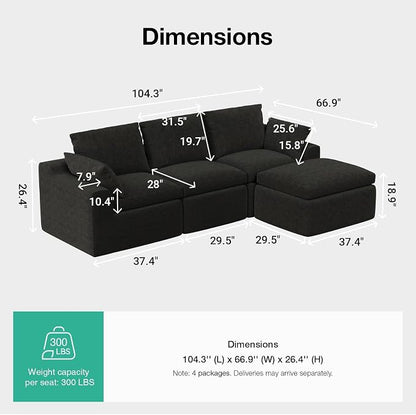Novilla 104.3" Modular Cloud Couch, Modern Sectional Sofa with Smarts Coil® Support, Chenille Fabric, Upholstered Couch for Living Room Apartments Bedroom, No Assembly, 3 Seater + 1 Ottoman, Dark Grey