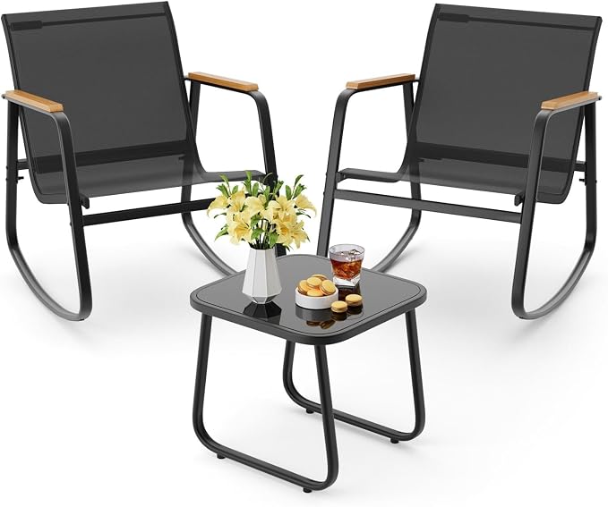 Aiho 3 Piece Rocking Bistro Set, Textilene Fabric Patio Furniture Set, Front Porch Rocker Chairs with Coffee Table for Lawn, Garden, Balcony, Poolside (Black)