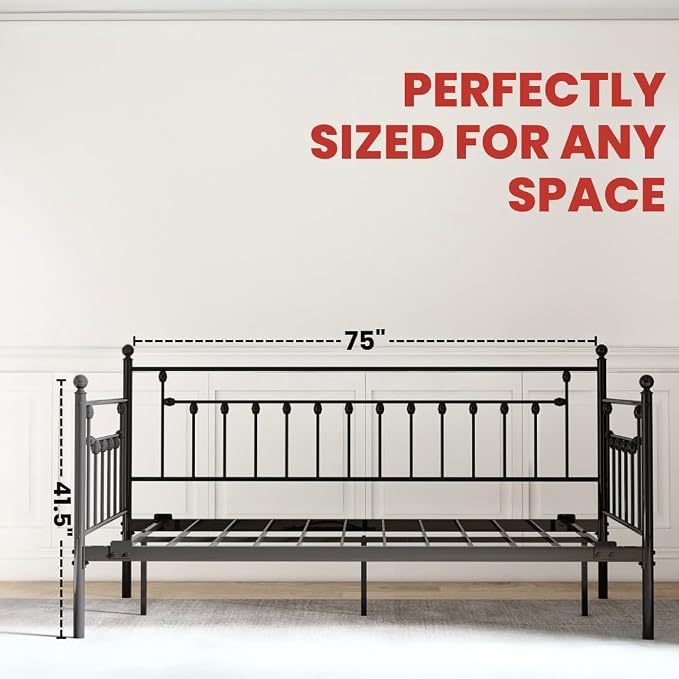 Golden Gate Beds Daybed Frame with Headboard, Without Trundle, Heavy Duty Metal Frame & Steel Slats Foundation, Upholstered Stylish Sofa Bed for Living Room, Bedroom, Guest Room - Black, Twin Size