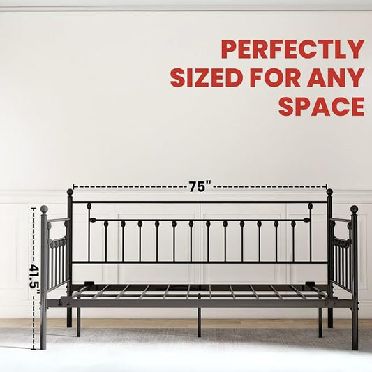 Golden Gate Beds Daybed Frame with Headboard, Without Trundle, Heavy Duty Metal Frame & Steel Slats Foundation, Upholstered Stylish Sofa Bed for Living Room, Bedroom, Guest Room - Black, Twin Size