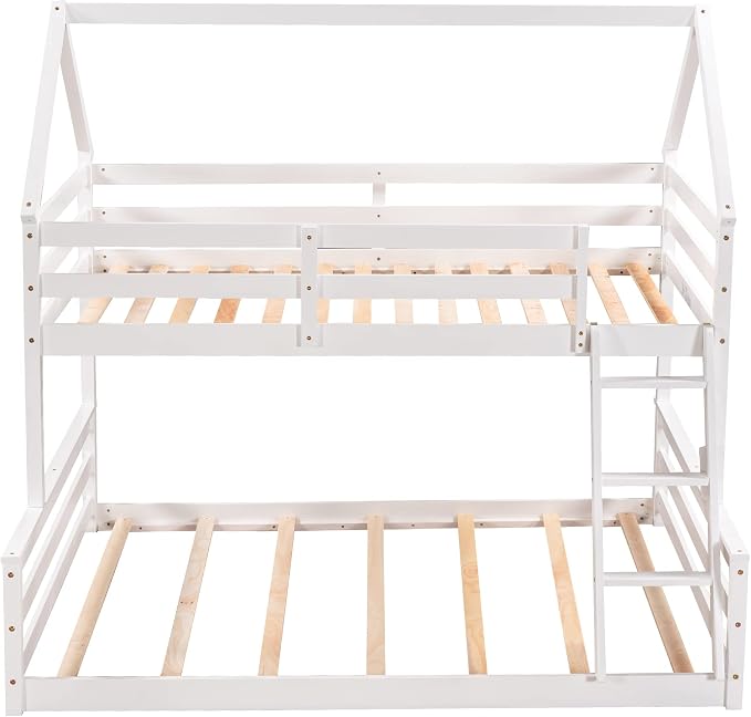 Merax House Floor Bunk Bed with Ladder Twin Over Full,Wood Low Bunk Bed with Full-Length Gardrail, Space-Saving,No Box Spring Needed White