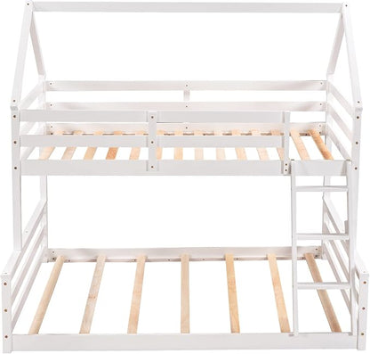 Merax House Floor Bunk Bed with Ladder Twin Over Full,Wood Low Bunk Bed with Full-Length Gardrail, Space-Saving,No Box Spring Needed White