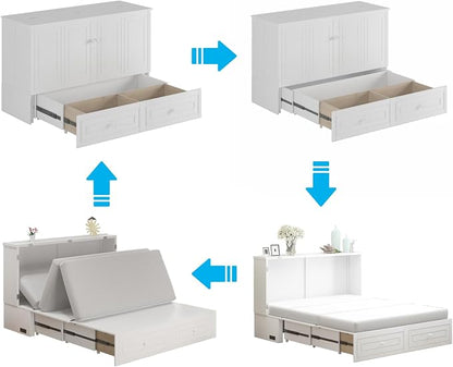Mjkone Queen Size Murphy Bed Cabinet with Tri-Folding Mattress Included, Chest Cabinets Bed with USB Charging Station, Wall Beds with Storage Drawers for Guest Bedroom Apartment Office, White