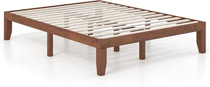 KOMFOTT 14 Inches Wood Platform Bed Frame Queen Size, Wooden Mattress Foundation with Rubber Wood Frame, Strong Wooden Slat Support, No Box Spring Needed, Bed Frame (Brown Cherry)