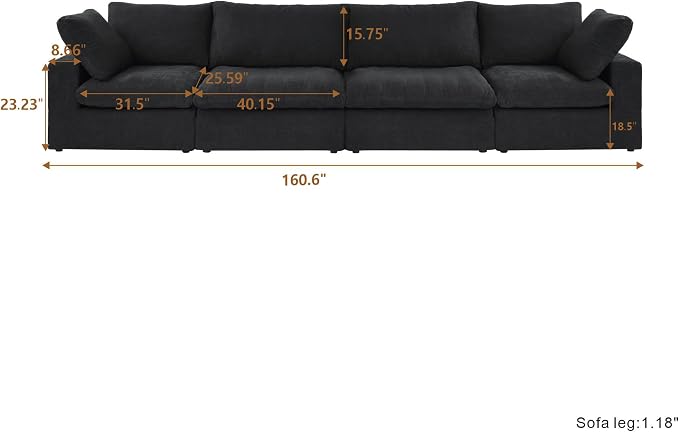 Cloud Modular Sectional Sofa Couch,160" Convertible Couches Wide 4 Seater Sofa for Living Room,Minimalist Deep Sofa Couches,Sofa Covers Washable&Replaceable(Black)