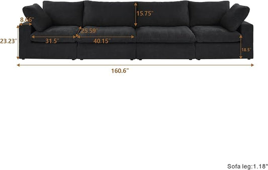 Cloud Modular Sectional Sofa Couch,160" Convertible Couches Wide 4 Seater Sofa for Living Room,Minimalist Deep Sofa Couches,Sofa Covers Washable&Replaceable(Black)