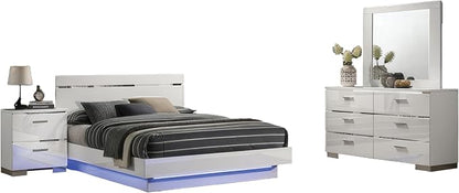 Benzara Pero 4pc Queen Bedroom Set with LED, Chrome and White, Dresser Mirror