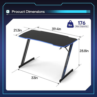 BestOffice 39" Gaming Desk Computer Gaming Desk Z Shaped Gaming Workstation Ergonomic Gaming Table with Headphone Hook for Game Players,Black&Blue