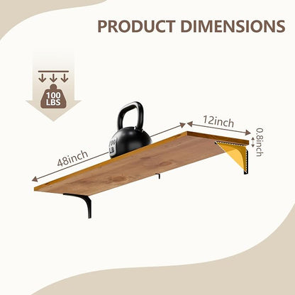 12 Inch Deep Floating Shelves Set of 2, 48 Inch Extra Wide Solid Wood Wall Shelves, 4ft Heavy Duty Farmhouse Bookshelf with 100 lbs Capacity for Living Room, Kitchen, Special Brown
