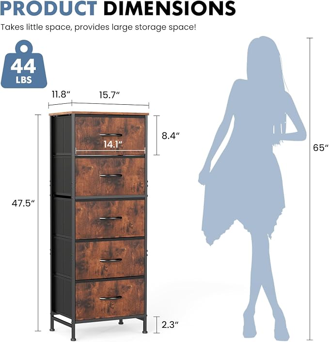 DUMOS Nightstand with 5 Drawers, Bedside Table with Removable Fabric Bins, Sturdy Steel Frame Wood Top Skinny Dresser for Bedroom Closet Living Room, Brown