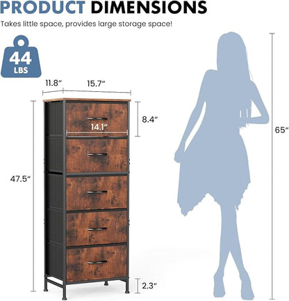 DUMOS Nightstand with 5 Drawers, Bedside Table with Removable Fabric Bins, Sturdy Steel Frame Wood Top Skinny Dresser for Bedroom Closet Living Room, Brown