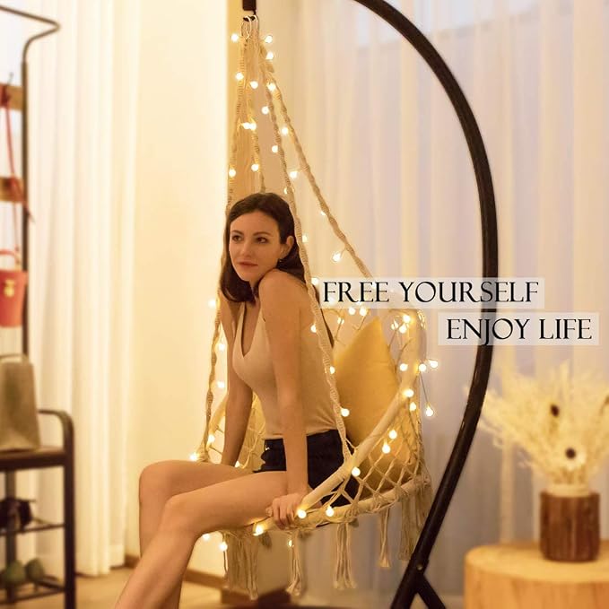 KASHAN Hanging Chair for Bedroom Hammock Chair Swing with Lights and Hardware Kits Holds up to 550Lbs Macrame Swing Chair Hanging Cotton Rope for Patio, Deck, Garden - Cushion Not Included