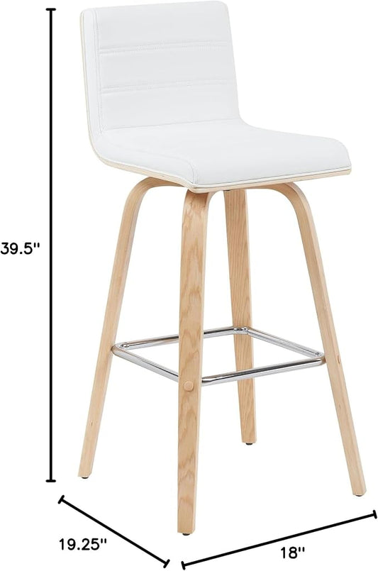 Vienna Modern Swivel Bar Height Stool with White Faux Leather Seat and Patterned Oak Wood Frame Set of 4