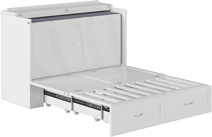AFI Hamilton Full Murphy Bed Chest with Mattress, Storage, and Built-in Charger in White