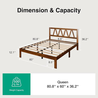 Novilla 12 Inch Queen Bed Frame with Headboard Bed Frame Queen Size Solid Wooden Bed Frame Foundation with Wood Slat Support, No Box Spring Needed, Easy Assembly, Walnut