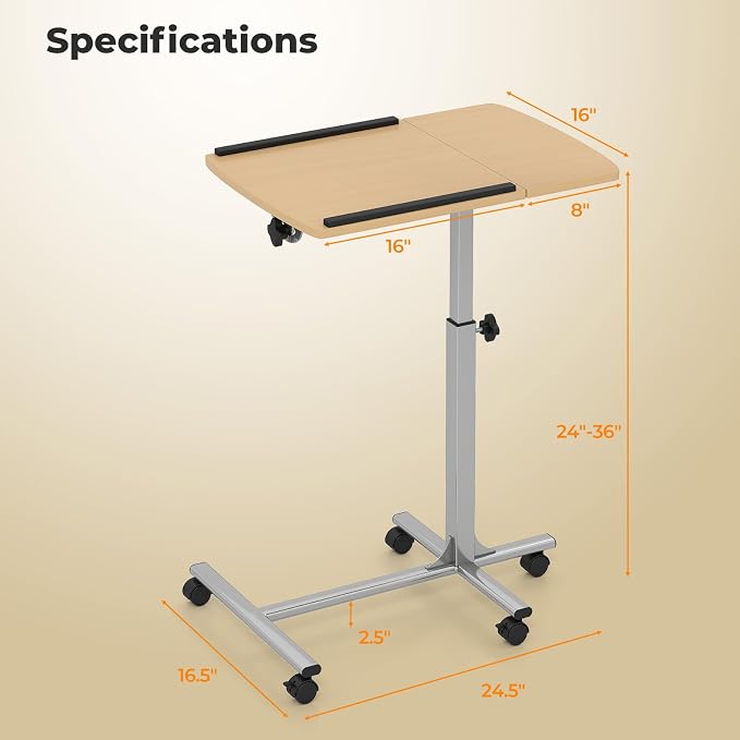 Tangkula Mobile Overbed Table Couch Table, Rolling Angle & Height Adjustable Laptop Stand Cart, Laptop Desk with Smooth & Lockable Wheels, Tray Table for Bed Sofa Side (Natural)