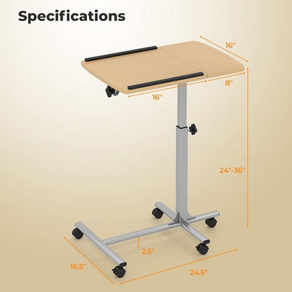 Tangkula Mobile Overbed Table Couch Table, Rolling Angle & Height Adjustable Laptop Stand Cart, Laptop Desk with Smooth & Lockable Wheels, Tray Table for Bed Sofa Side (Natural)