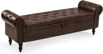 Furniliving 63” End of Bed Storage Bench, Bedroom Bench with Button-Tufted, Upholstered Storage Ottoman Benches Window Bench with Storage, Leather Bench for Living Room, Entryway, PU, BlackBrown