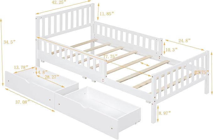 Kids Twin Size Bed Frame with Storage Drawers, Wood Twin Bed Frames for Kids, Twin Bed Frame with Headboard and Footboard for Boys Girls, No Box Spring Needed,White