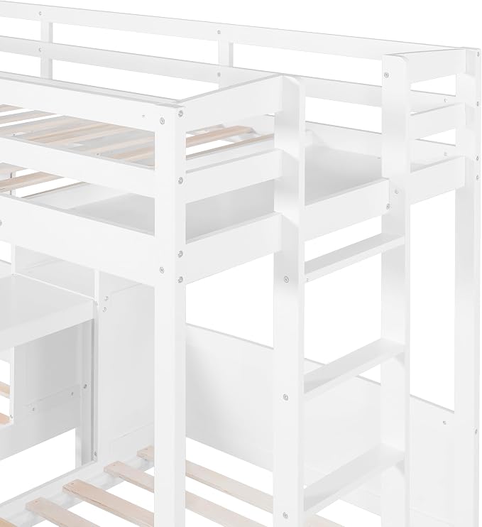 VilroCaz Twin Over Twin & Twin Bunk Bed with Built-in Desk and Storage Shelves, 3 Beds in 1 Design Solid Wood Triple Bunk Bed with Reading Lamp and Guardrails for Kids Teens Aldults (White-2.14)