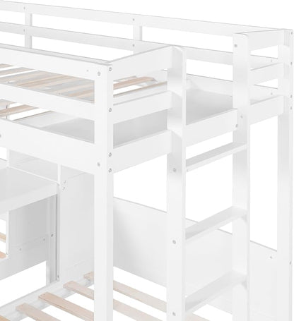 VilroCaz Twin Over Twin & Twin Bunk Bed with Built-in Desk and Storage Shelves, 3 Beds in 1 Design Solid Wood Triple Bunk Bed with Reading Lamp and Guardrails for Kids Teens Aldults (White-2.14)