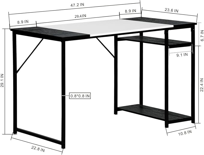 FurnitureR Computer Desk with Shelves for Small Spaces Simple Home Office Desk Study Writing Office Table Laptop PC Writing Desks (White, 47.2 Inch)