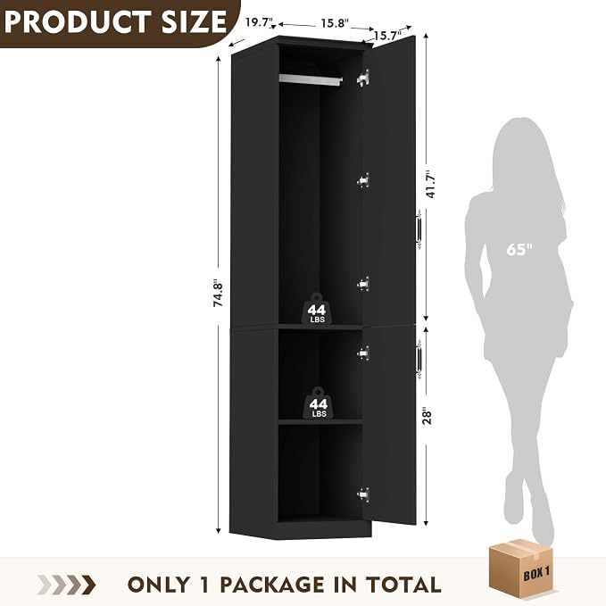 MEISSALIVVE Armoire Wardrobe Closet with 2 Door & Shelves, 74.8" Large Wardrobe Cabinet with Hanging Rod, Freestanding Modern Bedroom Armoire Storage Cabinet, Black