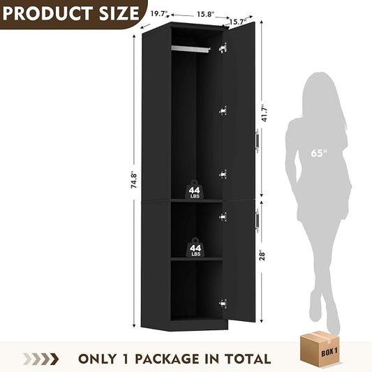 MEISSALIVVE Armoire Wardrobe Closet with 2 Door & Shelves, 74.8" Large Wardrobe Cabinet with Hanging Rod, Freestanding Modern Bedroom Armoire Storage Cabinet, Black