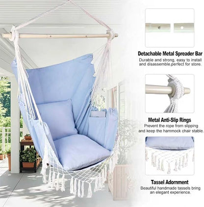 Hammock Chair Hanging Rope Swing Chair,Max 450 Lbs, Large Hanging Chair with Pocket, 2 Cushions, Steel Bar with Anti-Slip Rings, Hardware Kit Included, Comfortable for Indoor Outdoor (Blue)