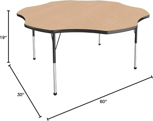 FDP Flower Activity School and Office Table (60 inch), Standard Legs with Ball Glides for Collaborative Seating Environments, Adjustable Height 19-30 inches - Maple Top and Black Edge