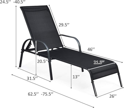 Giantex 2 Pack Patio Lounge Chair, Outdoor Chaise Lounge with 5 Adjustable Backrest, Sturdy Steel Frame, Sunbathing Recliner, Beach Chair, Tanning Chair for Outside, Yard, Balcony, Pool Chairs, Black