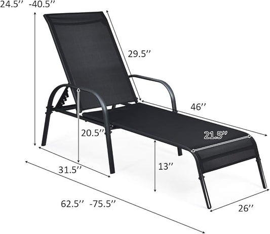 Giantex Patio Lounge Chair, Outdoor Chaise Lounge with 5 Adjustable Backrest, Sturdy Steel Frame, Sunbathing Recliner, Beach Chair, Tanning Chair for Outside, Yard, Balcony, Pool Chairs, Black