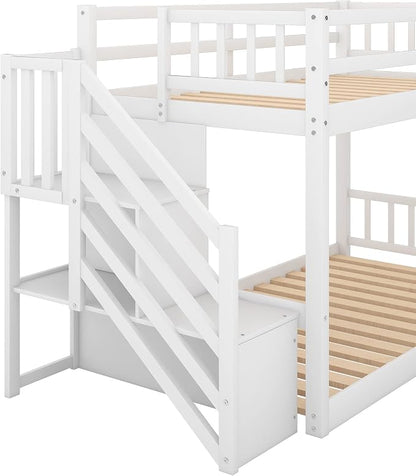 Twin Over Twin Low Bunk Bed with Ladder and for Storage Staircase for Teens, Boys or Girls, No Box Sping Needed
