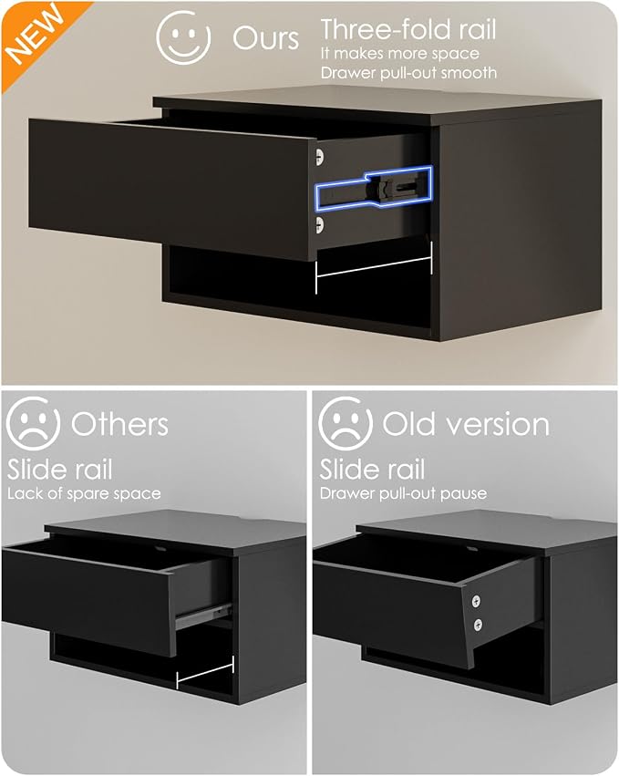 Floating Nightstand, Small Modern Floating Nightstand with Drawer, Floating Shelves for Bedroom, Bathroom (Black)