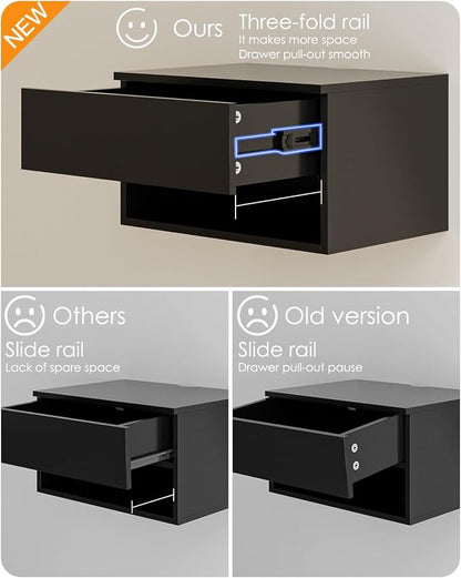 Floating Nightstand, Small Modern Floating Nightstand with Drawer, Floating Shelves for Bedroom, Bathroom (Black)