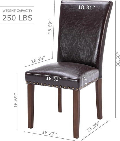 COLAMY Upholstered Parsons Dining Chairs Set of 2, PU Leather Dining Room Kitchen Side Chair with Nailhead Trim and Wood Legs - Dark Brown