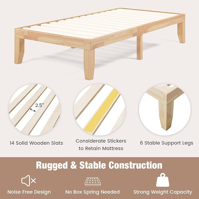 Giantex 14 Inch Twin Wood Platform Bed Frame, Minimalist Style Mattress Foundation with Solid Rubber Wood, Heavy Duty Slat Support, Without Headboard, Easy Assembly, No Box Spring Needed, Natural