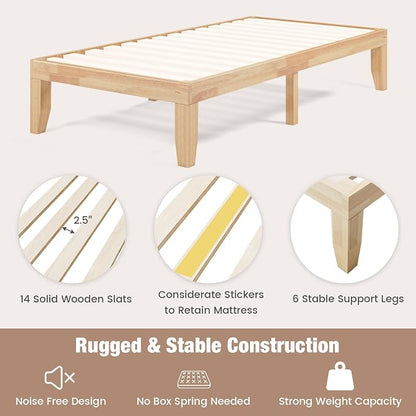 Giantex 14 Inch Twin Wood Platform Bed Frame, Minimalist Style Mattress Foundation with Solid Rubber Wood, Heavy Duty Slat Support, Without Headboard, Easy Assembly, No Box Spring Needed, Natural