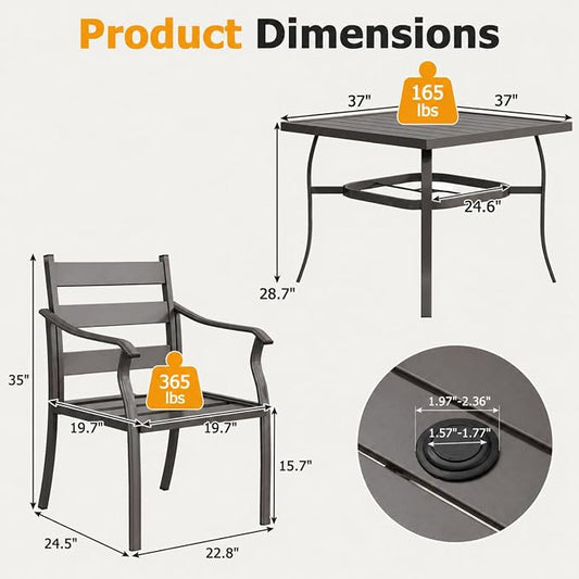 EROMMY 5-Piece Outdoor Patio Dining Set, 4 Metal Slat Chairs & Square Table with Umbrella Hole, All-Weather Patio Furniture for Backyard, Deck and Garden