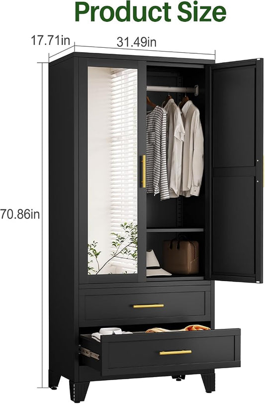winiowa Metal Armoire Wardrobe Closet with 2 Drawers, 71" Wardrobe Cabinet with Adjustable Shelves and Hanging Rod, Clothing Storage Cabinet Closet with Mirror for Bedroom-Black