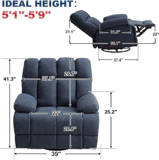 Eiayeebil Oversized Recliner Chair, 360° Swivel Rocker Recliner for Big Man, Extra Wide Manual Recliner, Overstuffed Soft Rocking Sofa Chair, Overstuffed Soft Rocking Sofa Chair for Living Room(Grey)