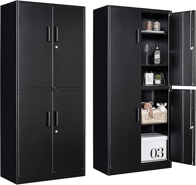 Metal Storage Cabinet with 3 Adjustable Shelves and 4 Doors,71" Garage Storage Cabinet with Lock,Black Metal Cabinets with Locking Doors,Steel Tool Cabinets,Lockable Cupboard for Home,Office,Garage