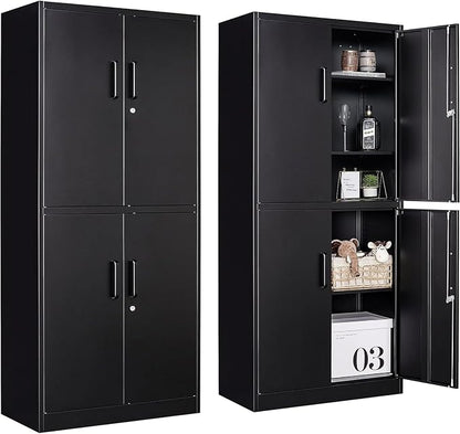 Metal Storage Cabinet with 3 Adjustable Shelves and 4 Doors,71" Garage Storage Cabinet with Lock,Black Metal Cabinets with Locking Doors,Steel Tool Cabinets,Lockable Cupboard for Home,Office,Garage