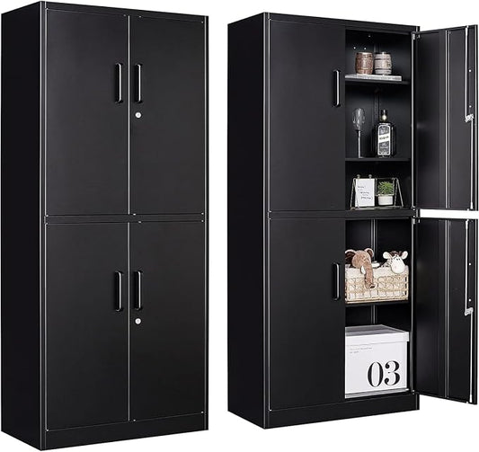 Metal Storage Cabinet with 3 Adjustable Shelves and 4 Doors,71" Garage Storage Cabinet with Lock,Black Metal Cabinets with Locking Doors,Steel Tool Cabinets,Lockable Cupboard for Home,Office,Garage