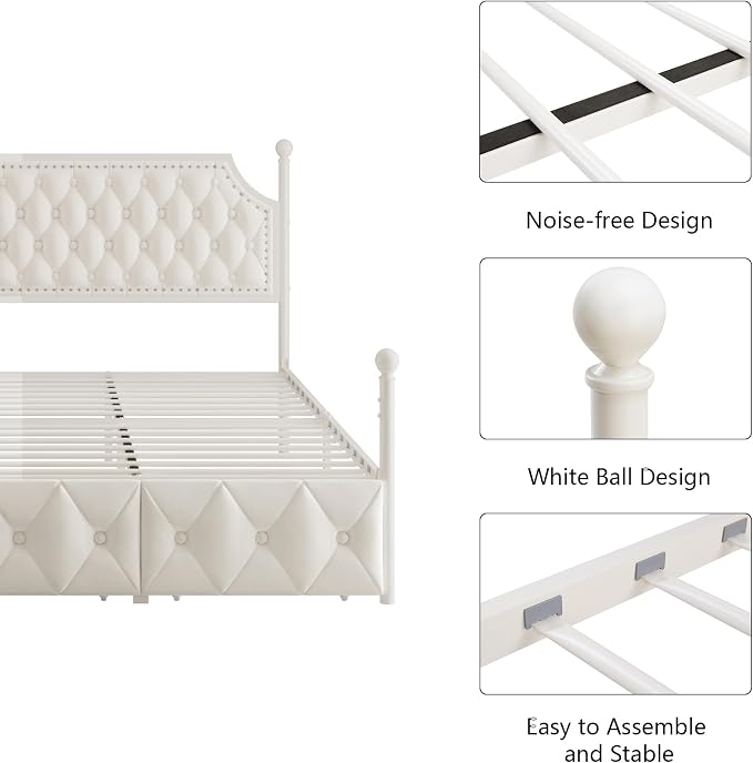 Keyluv Queen Upholstered Canopy Bed Frame with 2 Storage Drawers & Button Tufted Headboard, Metal Platform Bed with 4 Removable Posts, Two-Purpose Velvet Bed, Beige/Curtain Not Included