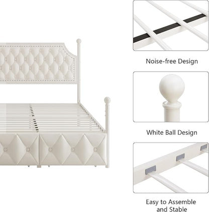 Keyluv Queen Upholstered Canopy Bed Frame with 2 Storage Drawers & Button Tufted Headboard, Metal Platform Bed with 4 Removable Posts, Two-Purpose Velvet Bed, Beige/Curtain Not Included
